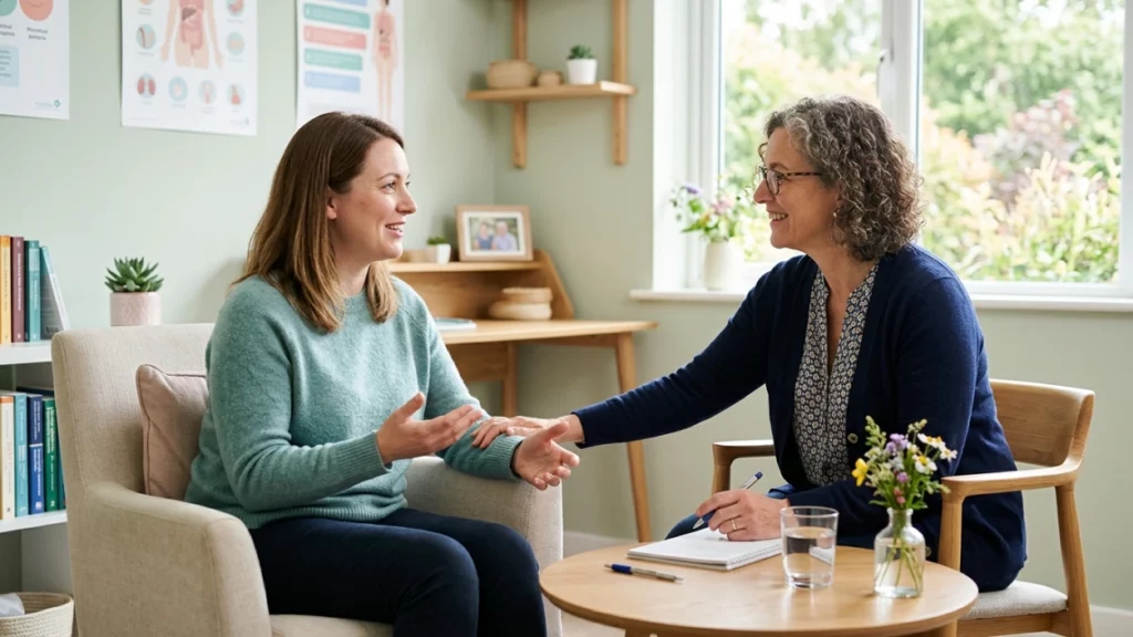 A female patient talks with a supportive healthcare professional or therapist who gently touches her arm during a medical consultation in a bright office.