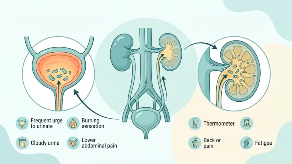 An infographic showing how bacteria travel from the bladder to the kidneys, listing symptoms like frequent urination, burning sensation, cloudy urine, back pain, and fatigue.