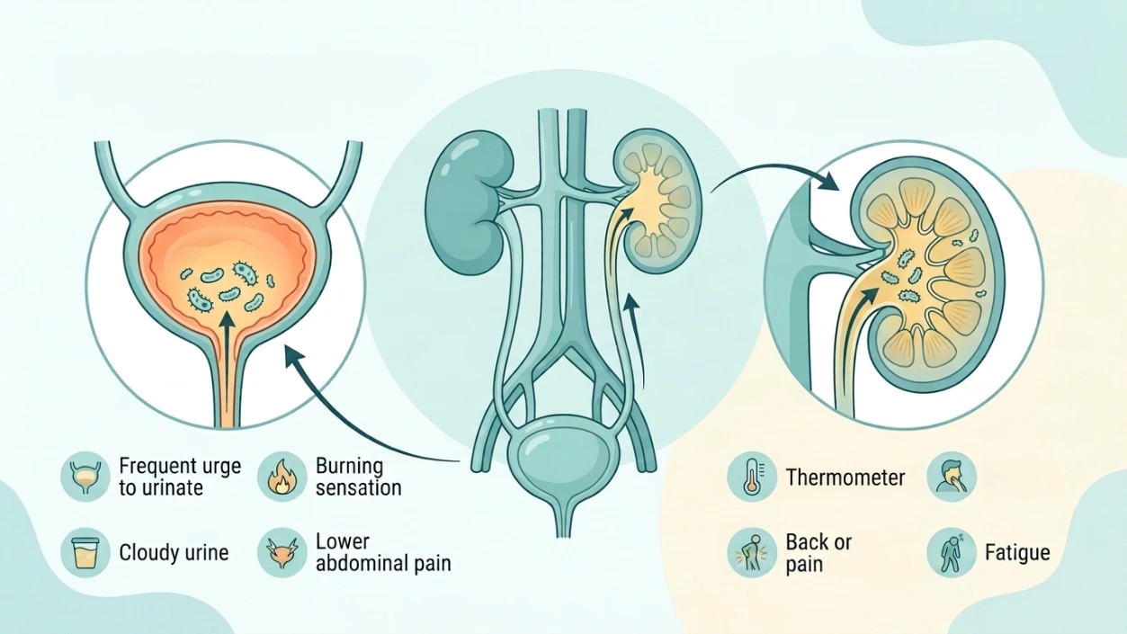 An infographic showing how bacteria travel from the bladder to the kidneys, listing symptoms like frequent urination, burning sensation, cloudy urine, back pain, and fatigue.