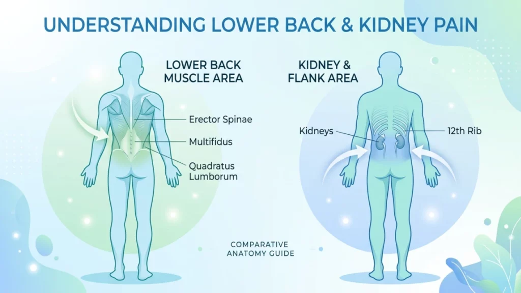 An anatomical comparison infographic showing two human body illustrations from behind: one highlighting lower back muscles (Erector Spinae, Multifidus, Quadratus Lumborum) and the other highlighting the kidney and flank area near the 12th rib.