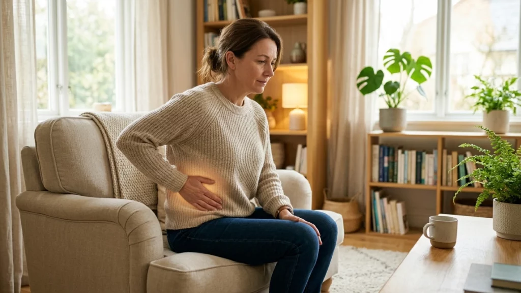 A middle-aged woman sitting on an armchair in a living room, holding her side in discomfort with a subtle glowing light effect on her lower back and flank area.