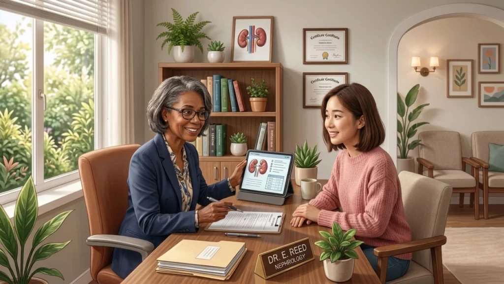 An older female nephrologist named Dr. E. Reed points to a tablet showing kidney diagrams while consulting with a smiling young woman in a warm medical office.