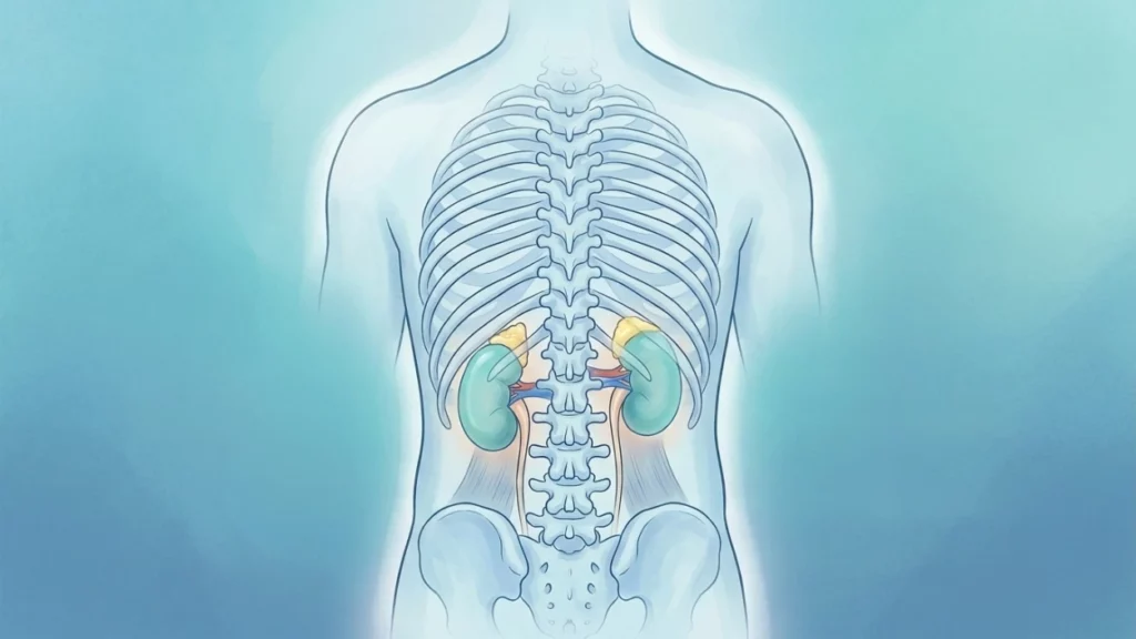 Medical illustration of the human skeletal system from behind, highlighting the precise anatomical position of the kidneys tucked beneath the rib cage.