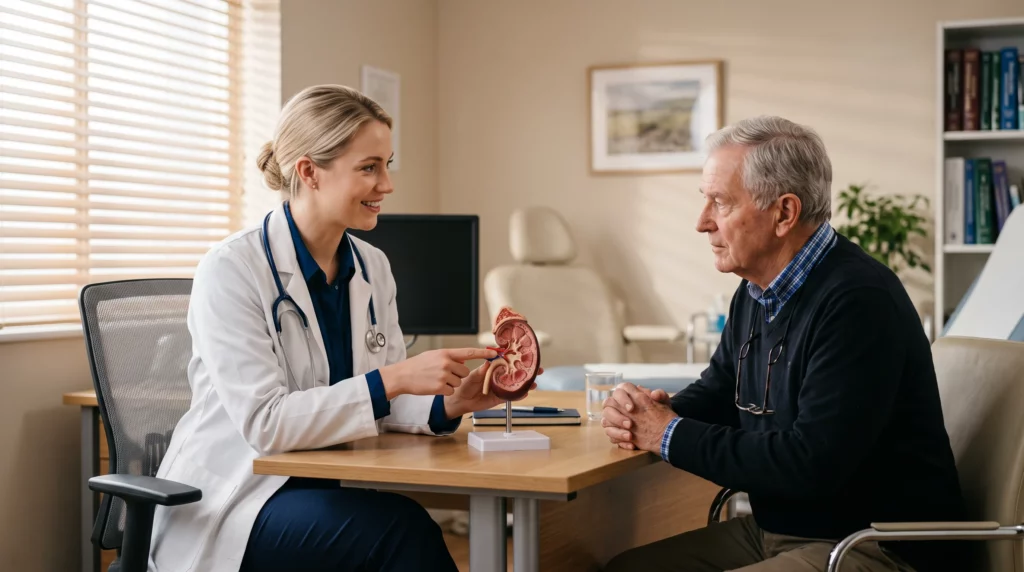 Doctor explaining kidney location using anatomical model at ANC Maplewood MN clinic