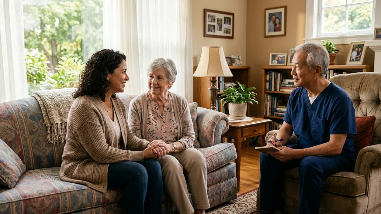 Family and nurse practitioner discussing kidney infection signs in an older adult at ANC Maplewood MN