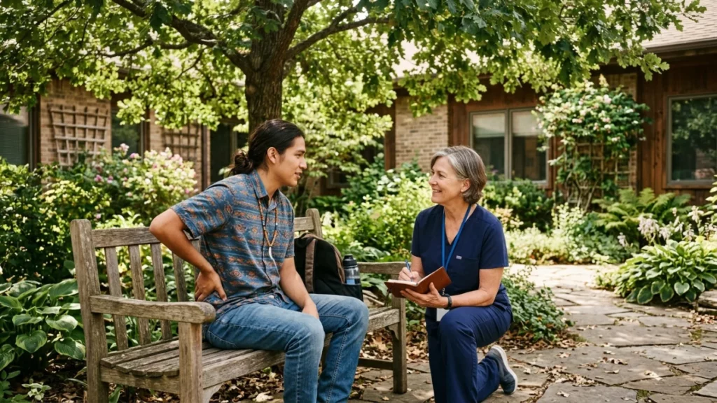 Nurse practitioner discussing kidney pain location with patient outdoors at ANC Maplewood MN