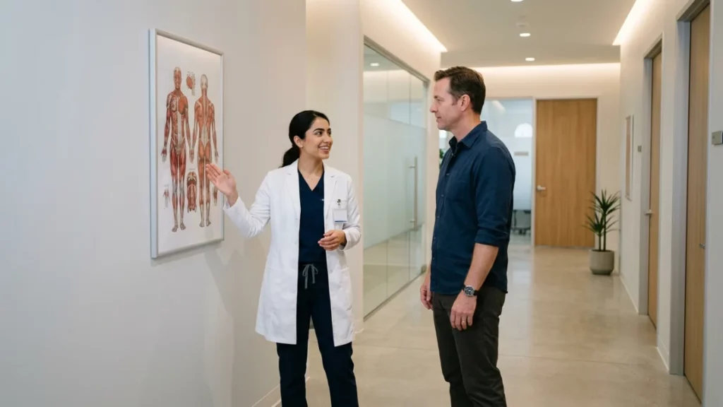 Physician explaining left versus right kidney location to patient at ANC Maplewood MN