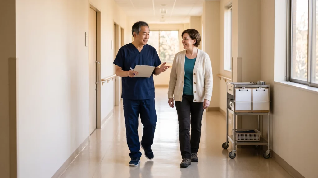 Physician walking and talking with patient about kidney infection signs at ANC Maplewood MN