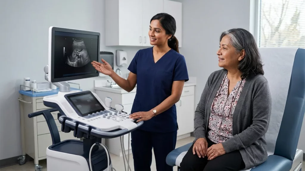 Technician explaining kidney infection imaging results to patient at ANC Maplewood MN
