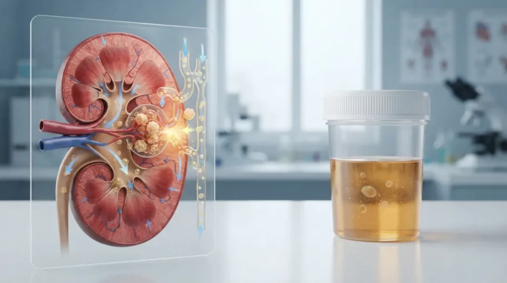 Protein in urine and kidney filtration concept for proteinuria at ANC