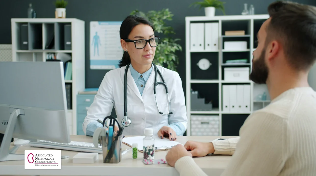 Doctor listening to a patient across a desk during a consultation about blood in the urine