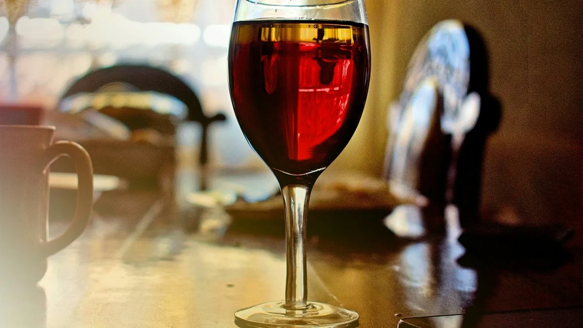 Glass of red wine on a dining table