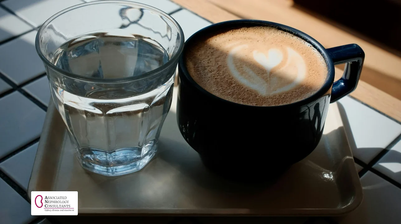 A latte and a glass of water side by side on a tray
