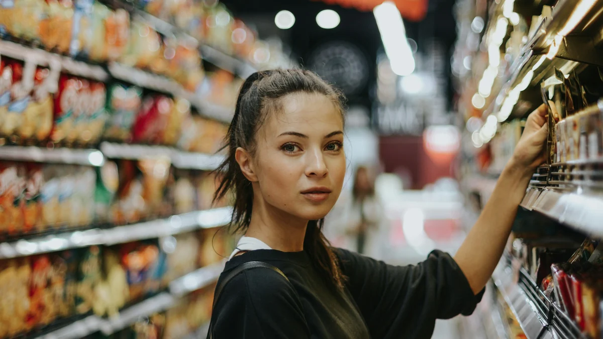 Woman choosing products in a grocery store aisle